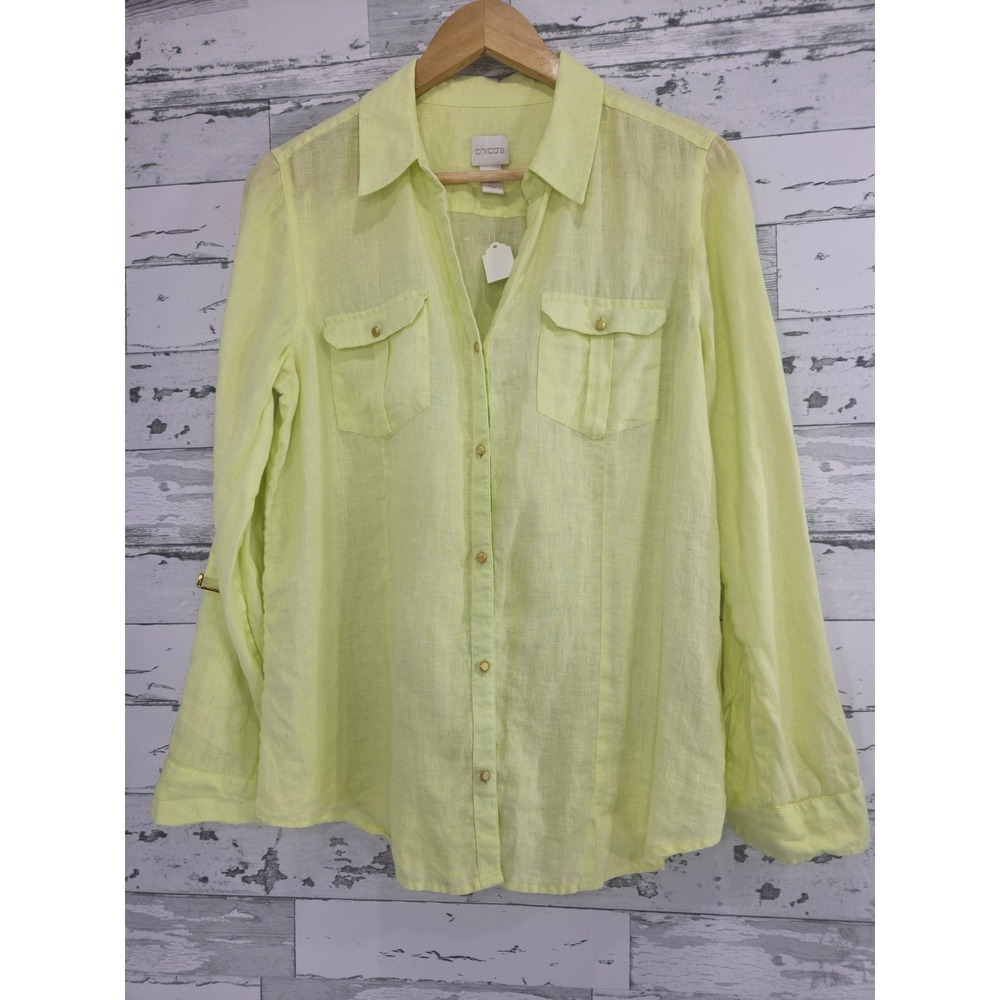 Chicos Lime Yellow 100% Linen Shirt Button Front Tabbed Sleeves Women M